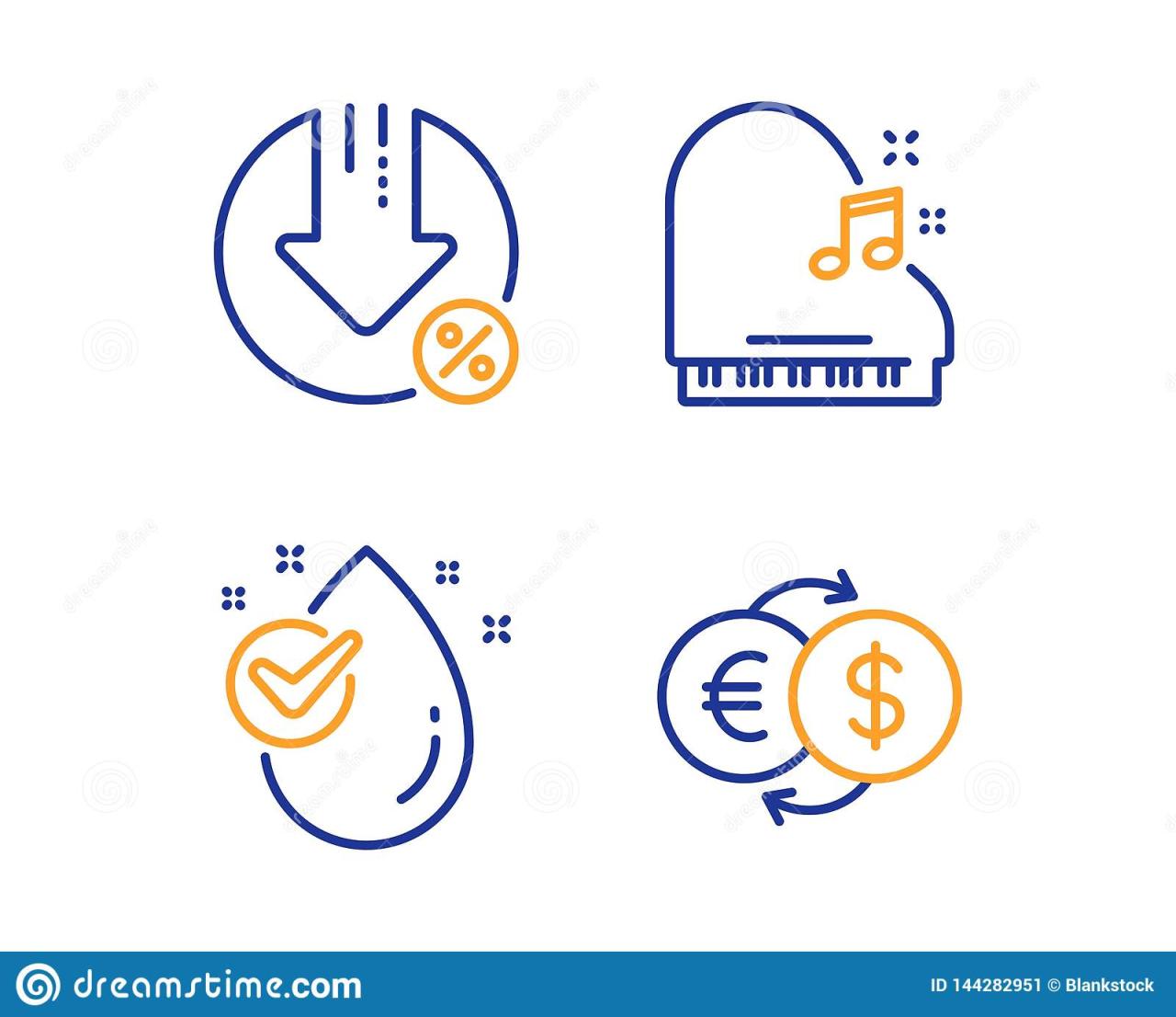 Piano, Loan Percent and Water Drop Icons Set. Money Exchange Sign
